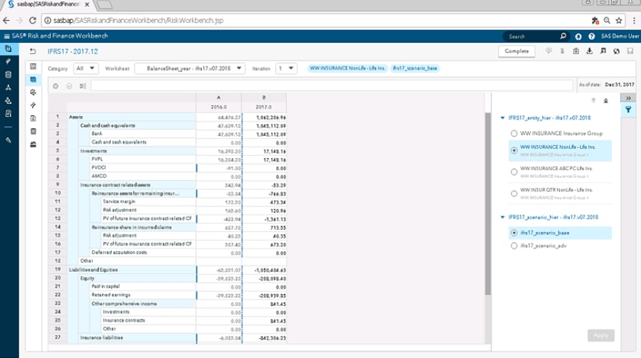 SAS Solution for IFRS 17 showing IFRS 17 worksheet on desktop monitor
