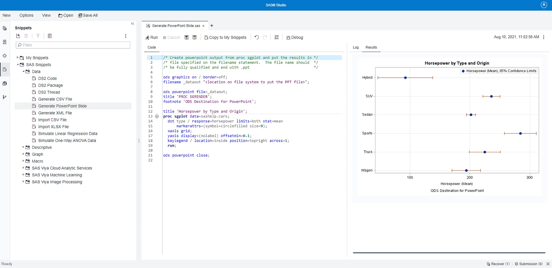 Screenshot of SAS Analytics Pro showing PowerPoint snippet