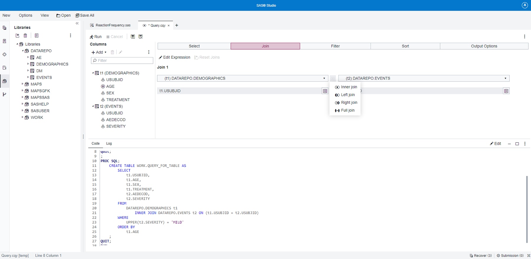 Screenshot of SAS Analytics Pro showing SAS Studio query