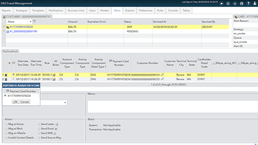 Screenshot of SAS Fraud Management showing alert servicing