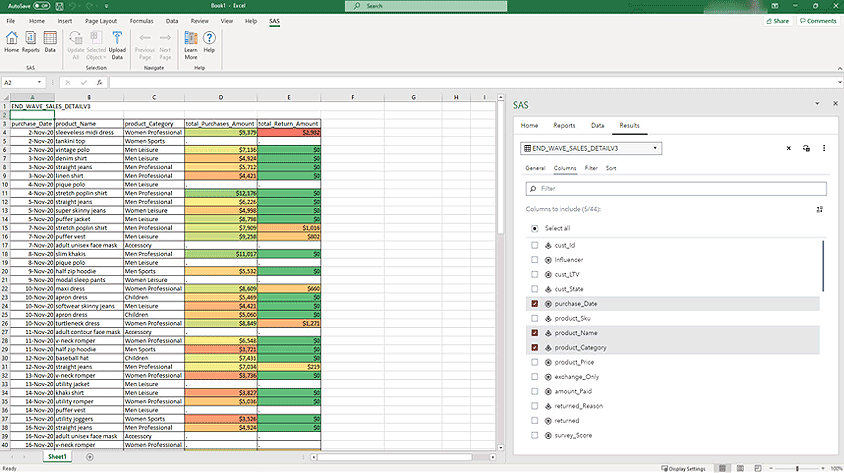 Screenshot of SAS for Microsoft Excel