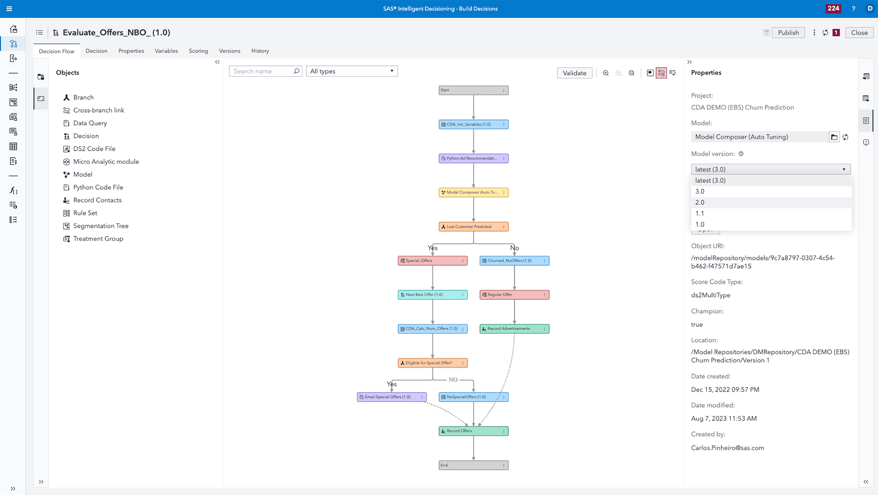 SAS Intelligent Decisioning decision flow object selection options screenshot