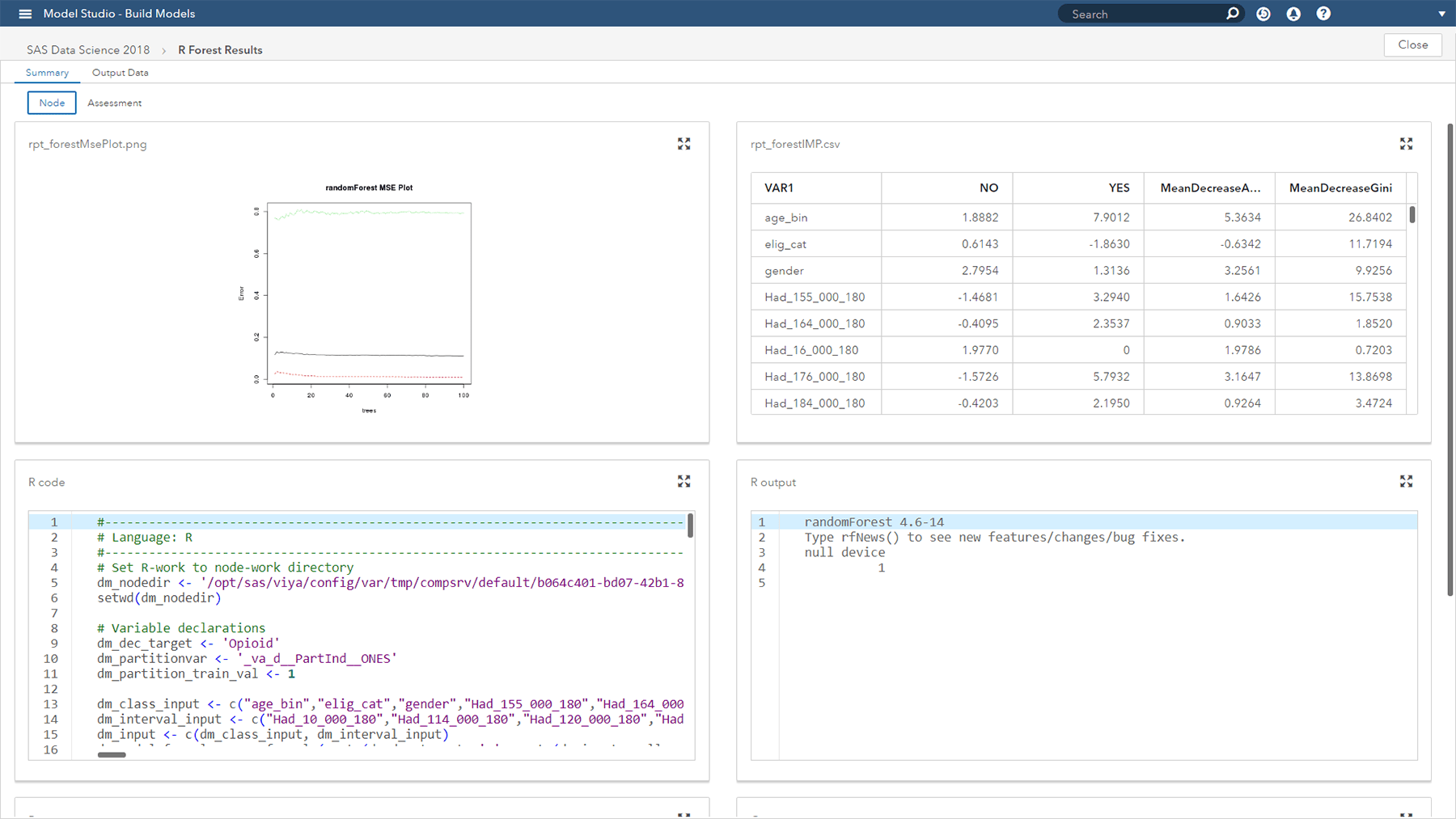 Screenshot of SAS Model Studio open source node R