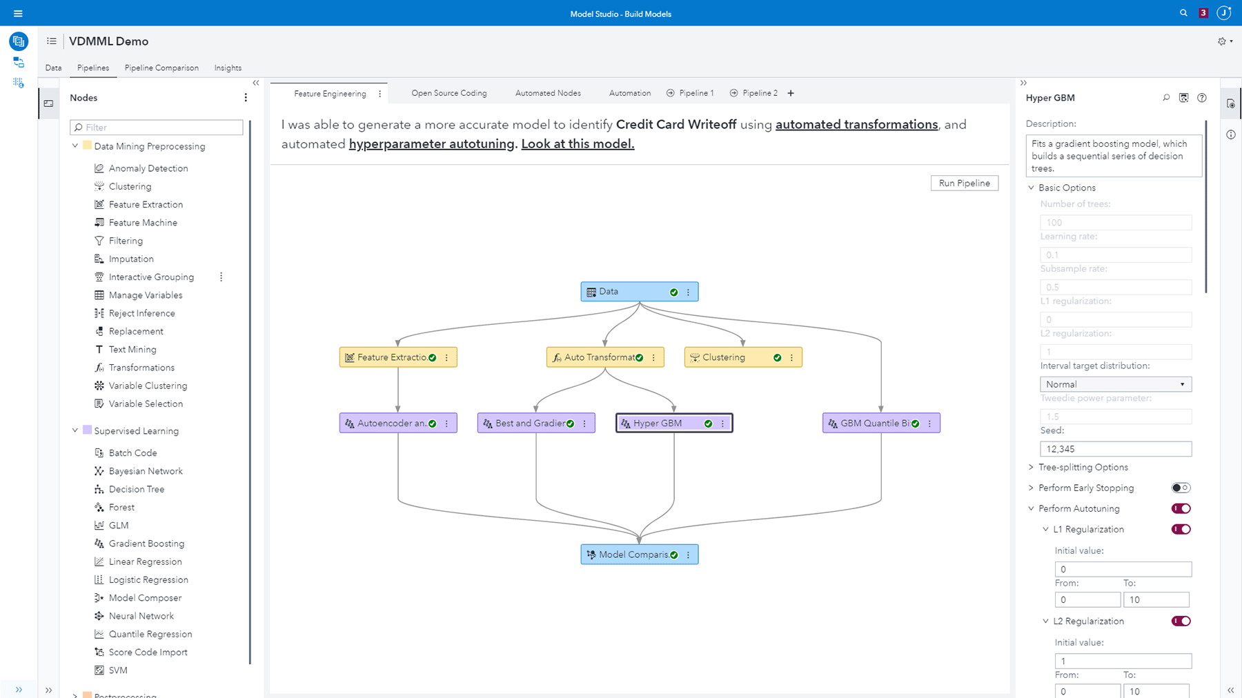 Screenshot of SAS Visual Machine Learning showing pipeline for automated feature engineering on desktop monitor