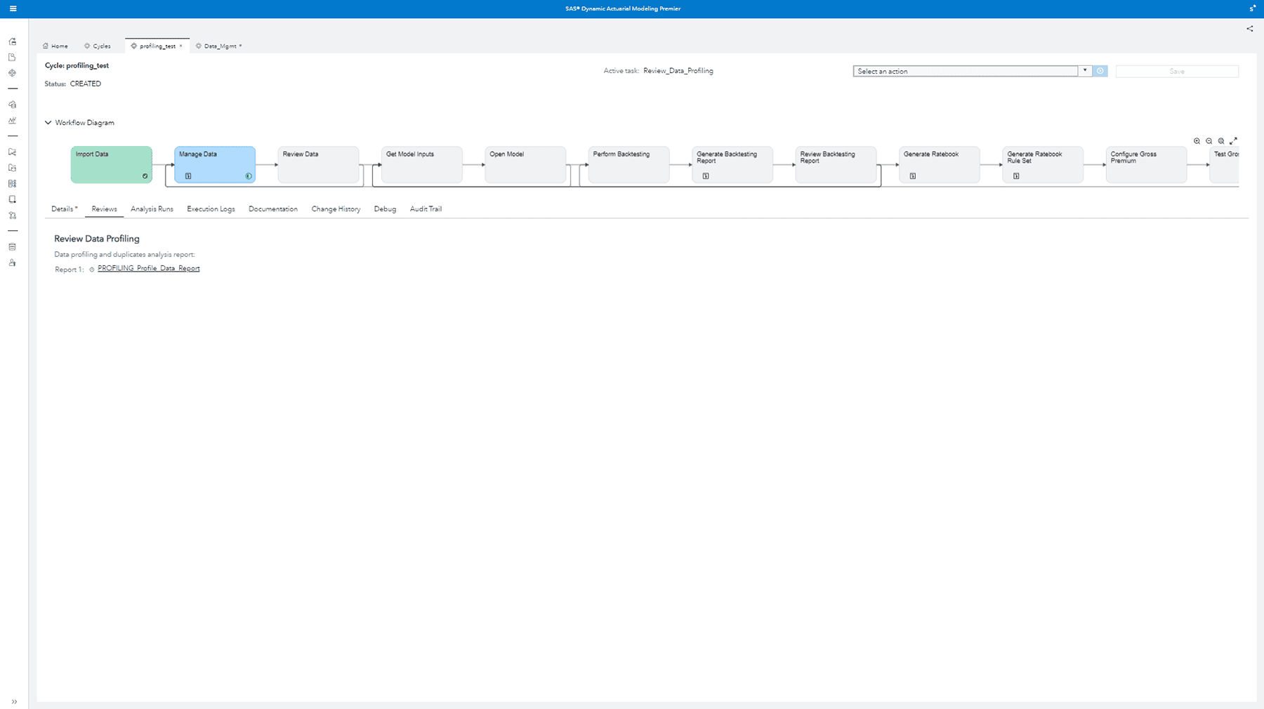 Screenshot of SAS Dynamic Actuarial Modeling showing Workflow Report