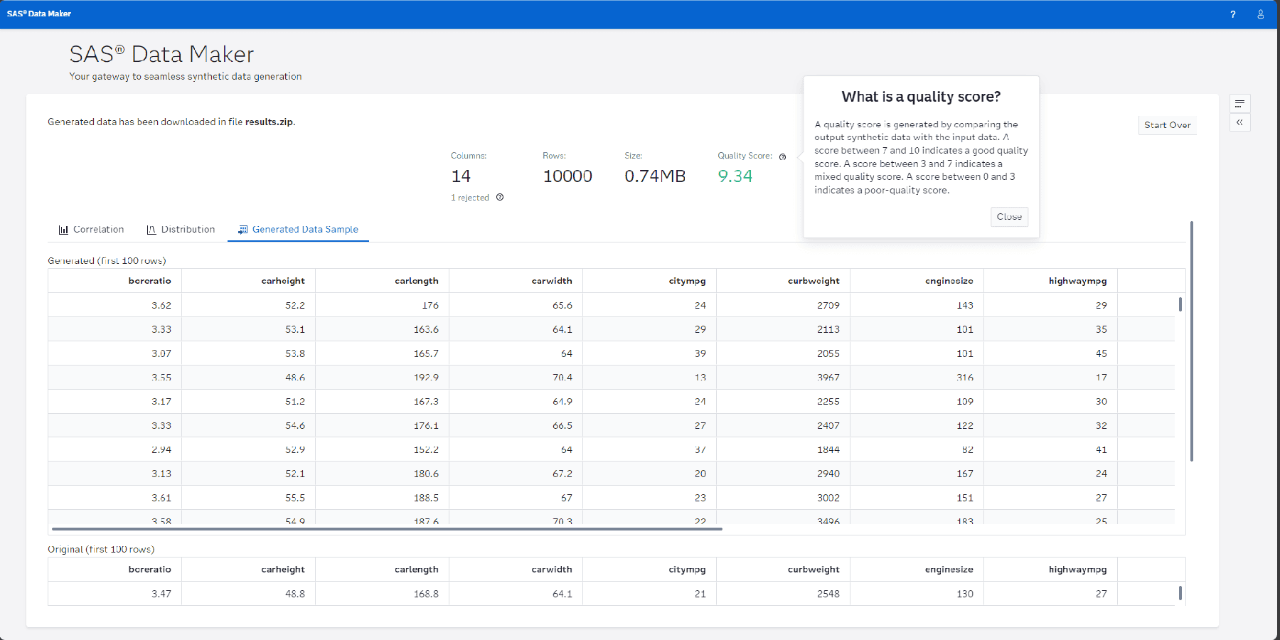 SAS Data Maker generated data car data screenshot