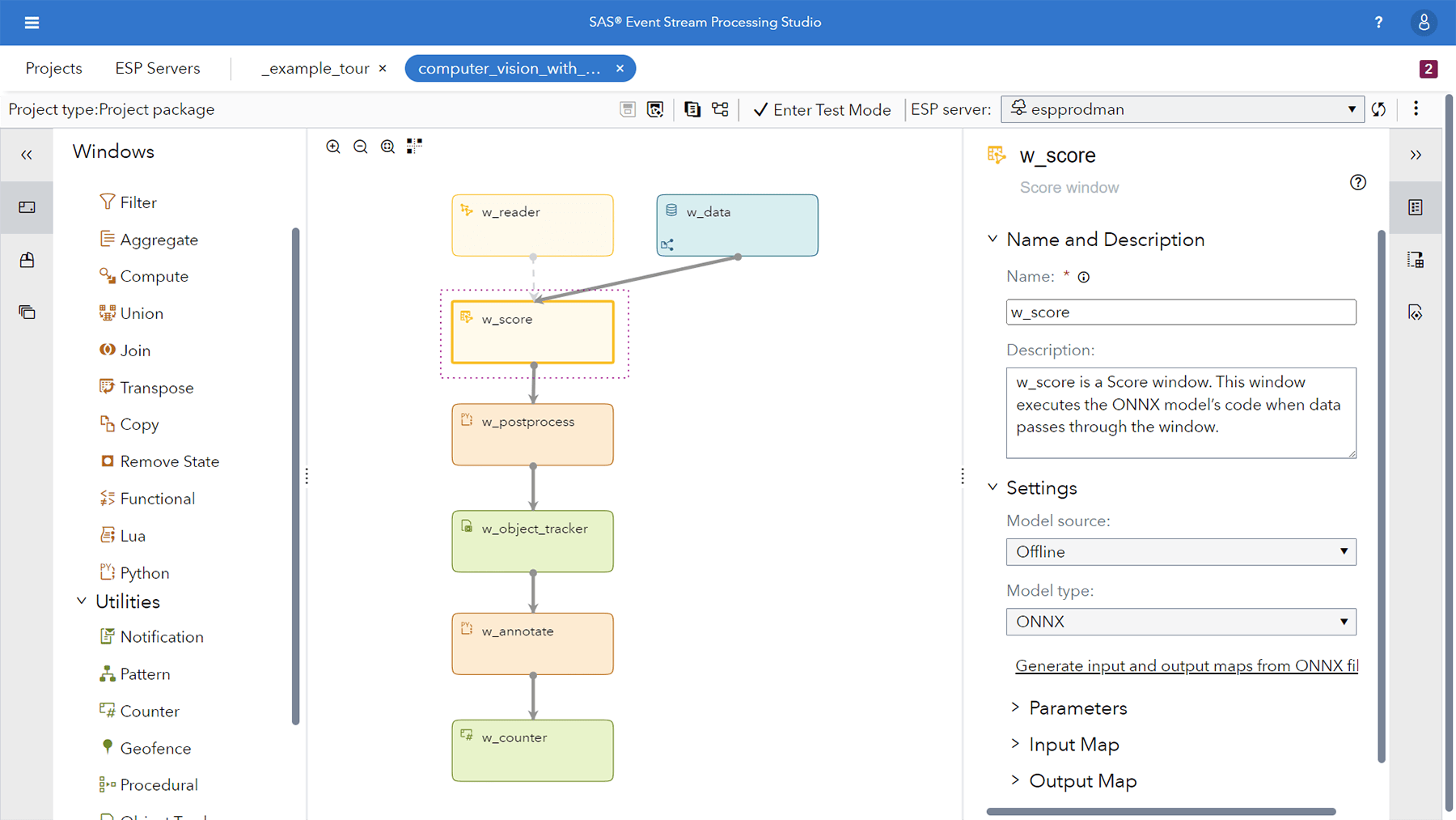 SAS Event Stream Processing studio built in screenshot